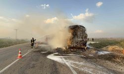 Osmaniye'de anız yangını seyir halindeki saman yüklü tıra sıçradı