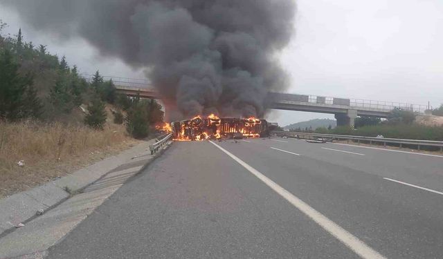 Tarsus’ta kaza yapan elyaf yüklü tır alev alev yandı