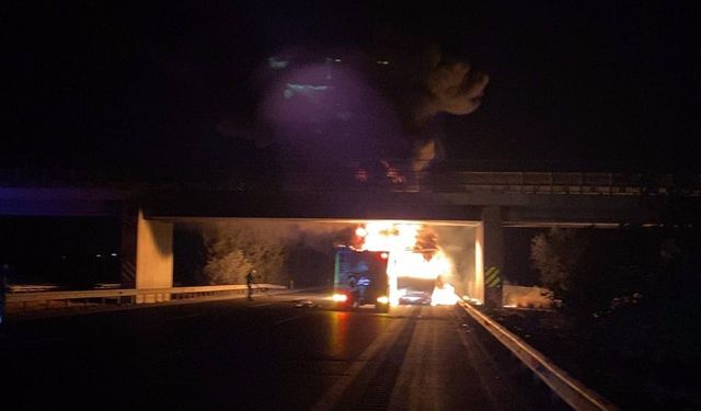Lastik yüklü tır alev alev yandı