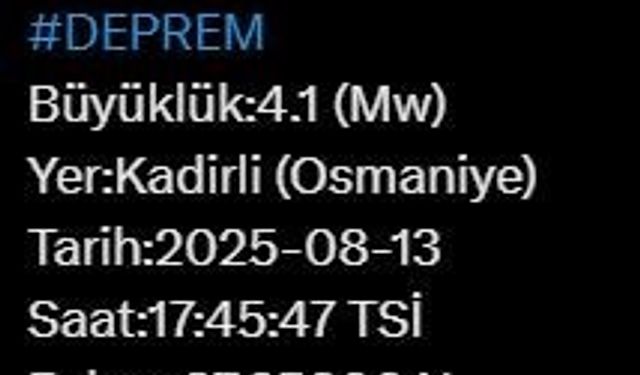 Osmaniye’de 4.1 büyüklüğünde deprem