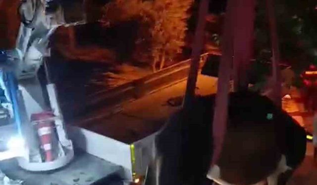Evin damında mahsur kalan inek vinçle kurtarıldı