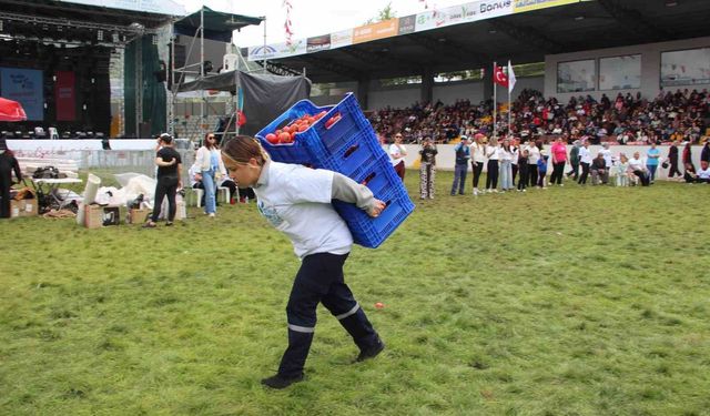 Yarım altın ödüllü yarışmada kadınlar, kilolarca domates kasasını koşa koşa taşıdı
