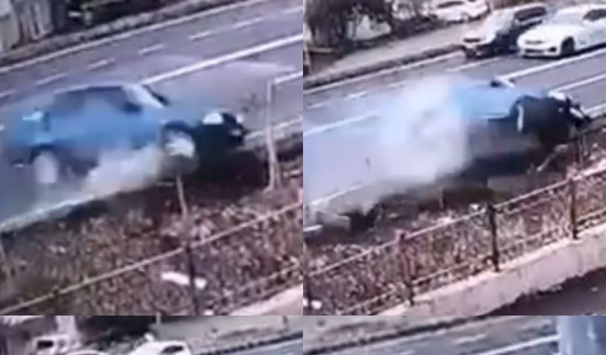 Otomobilin drenaj kanalına uçtuğu anlar görüntülendi