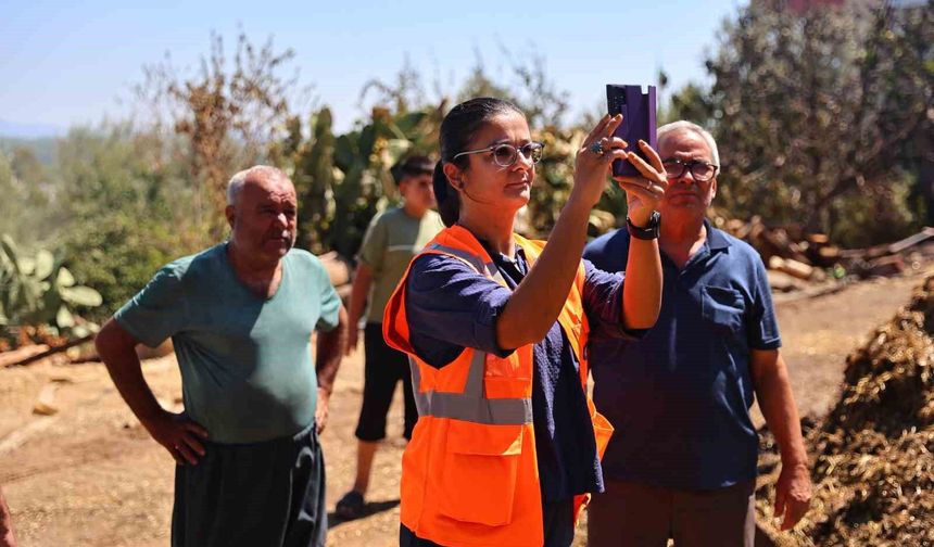 Yangından etkilenen mahallelerdeki ev, ahır, sera ve tarım alanlarında oluşan hasarları yerinde tespit ediliyor
